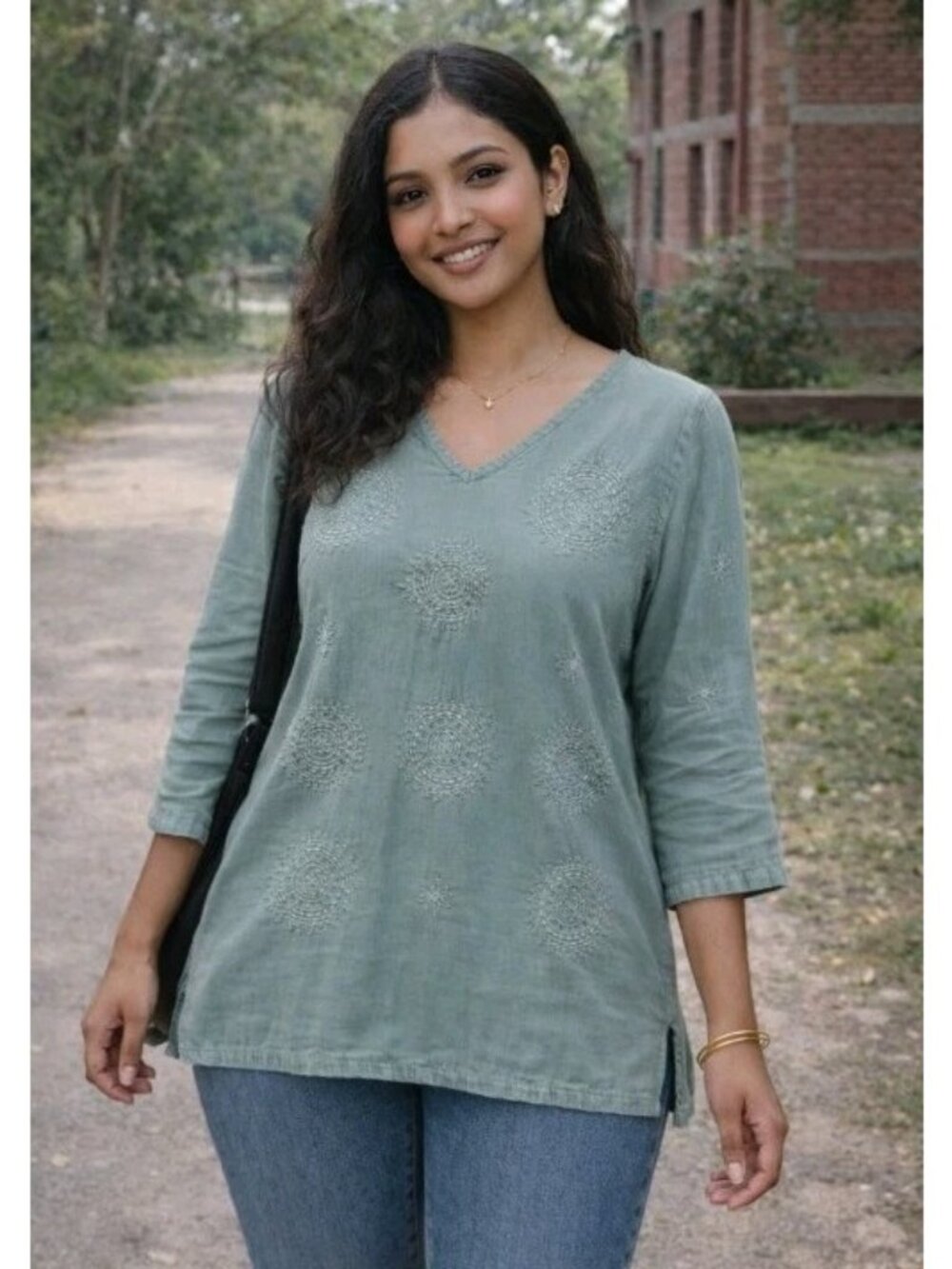 Eucalyptus Handcrafted Tunic Top Boho Embroidered Casual Work School Small Sage